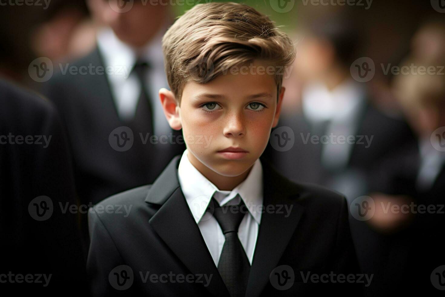 Portrait of a boy in a black suit with a funeral bouquet of flowers AI generated photo