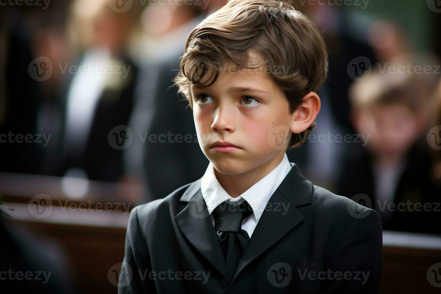 Portrait of a boy in a black suit with a funeral bouquet of flowers AI generated photo