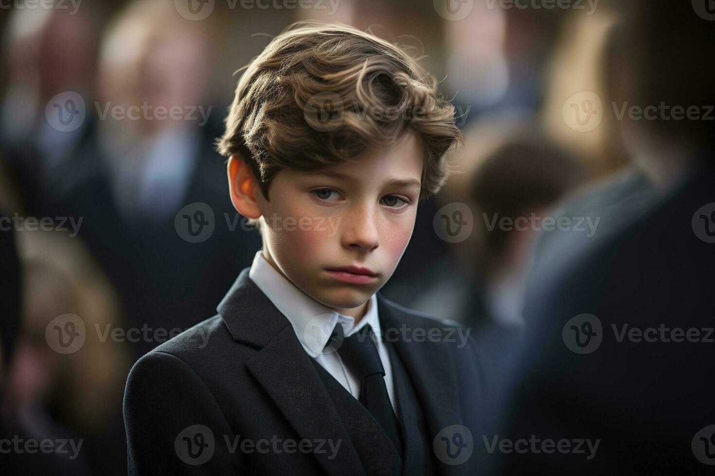 Portrait of a boy in a black suit with a funeral bouquet of flowers AI generated photo