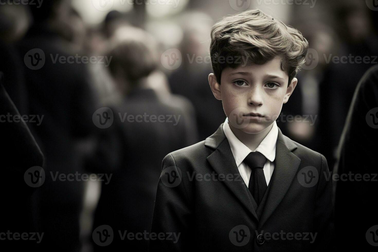 Portrait of a boy in a black suit with a funeral bouquet of flowers AI generated photo
