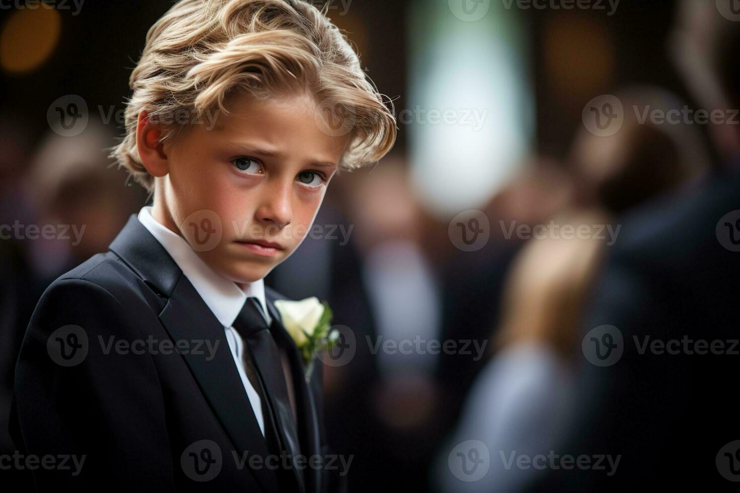 Portrait of a boy in a black suit with a funeral bouquet of flowers AI generated photo