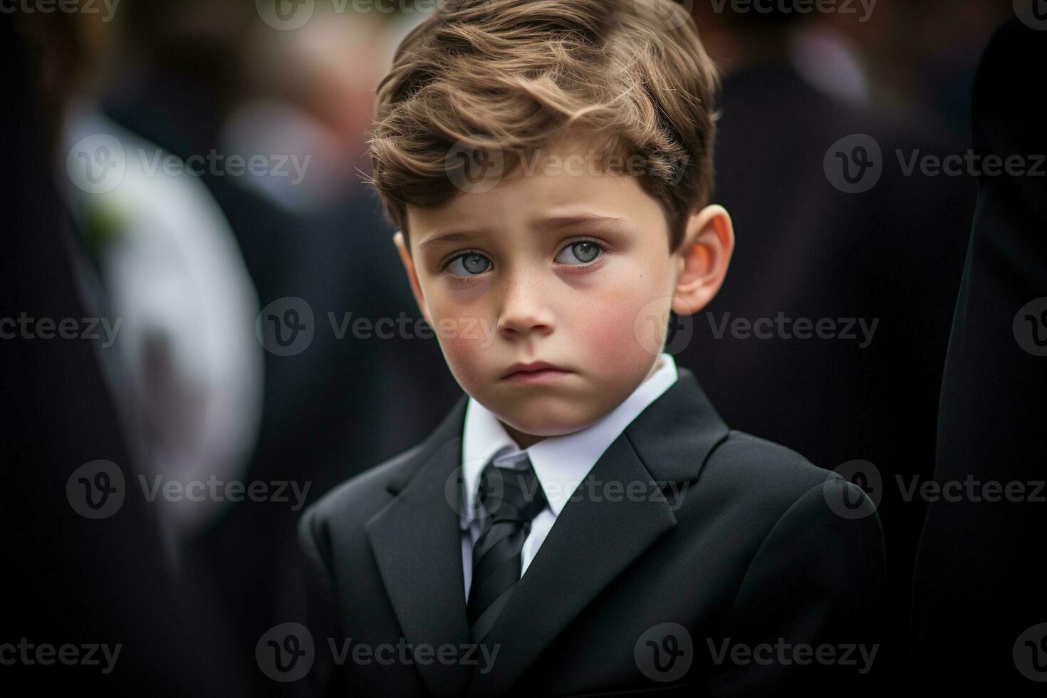 Portrait of a boy in a black suit with a funeral bouquet of flowers AI generated photo