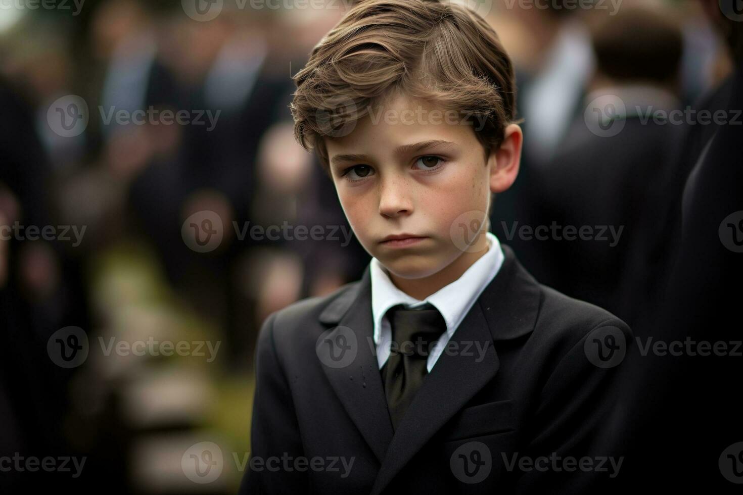 Portrait of a boy in a black suit with a funeral bouquet of flowers AI generated photo