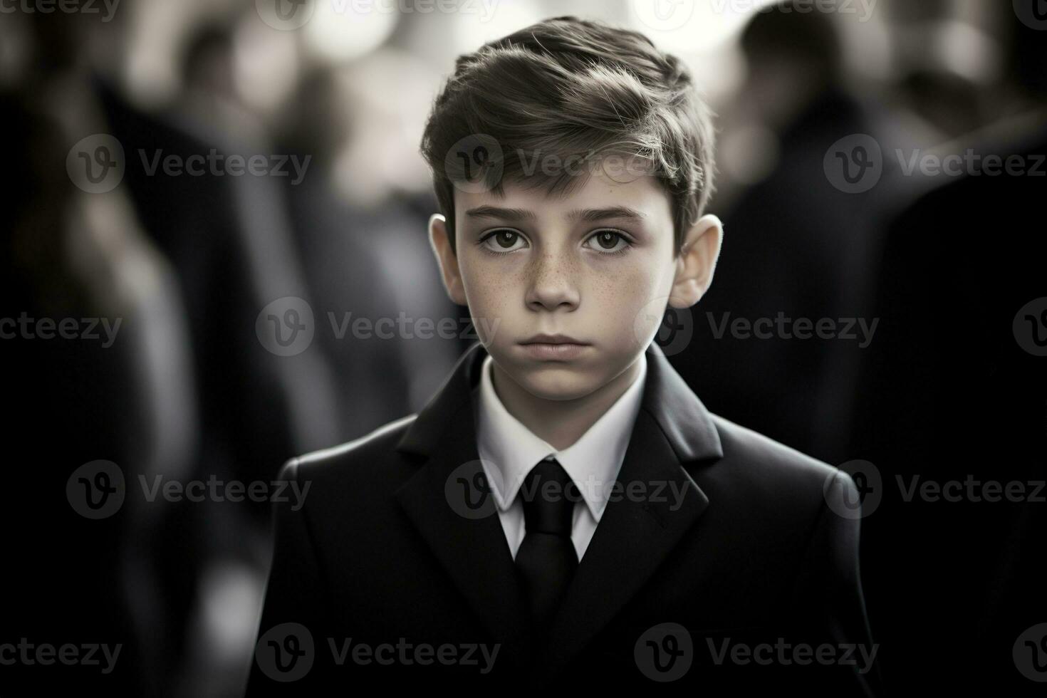 Portrait of a boy in a black suit with a funeral bouquet of flowers AI generated photo
