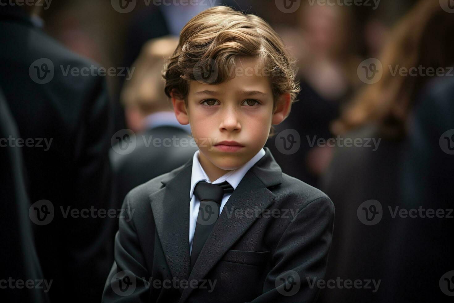 Portrait of a boy in a black suit with a funeral bouquet of flowers AI generated photo