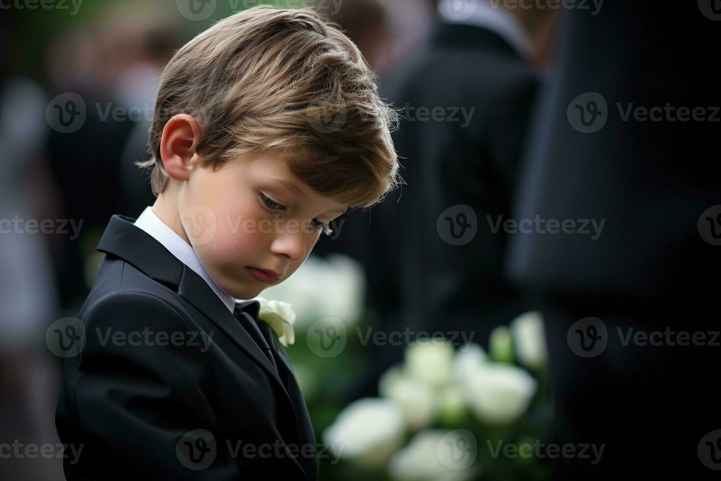 Portrait of a boy in a black suit with a funeral bouquet of flowers AI generated photo