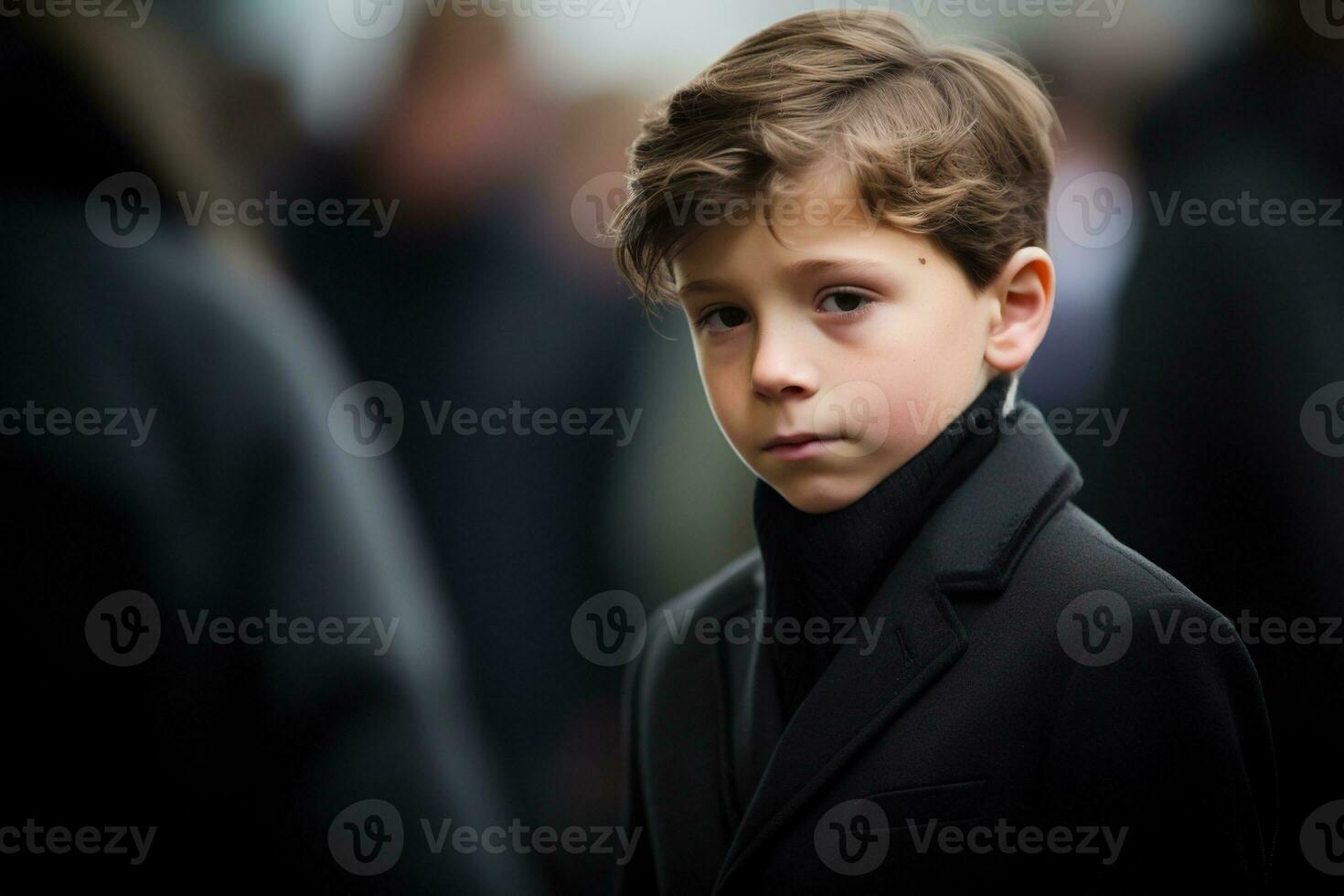 Portrait of a boy in a black suit with a funeral bouquet of flowers AI generated photo