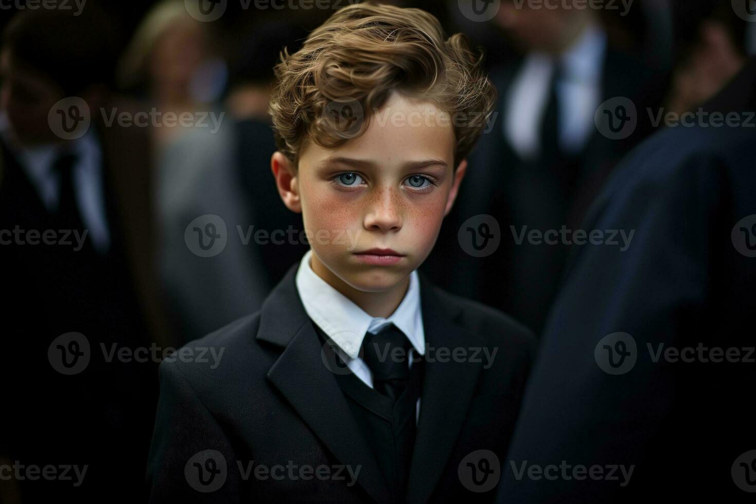 Portrait of a boy in a black suit with a funeral bouquet of flowers AI generated photo