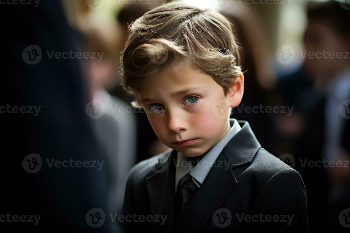 Portrait of a boy in a black suit with a funeral bouquet of flowers AI generated photo