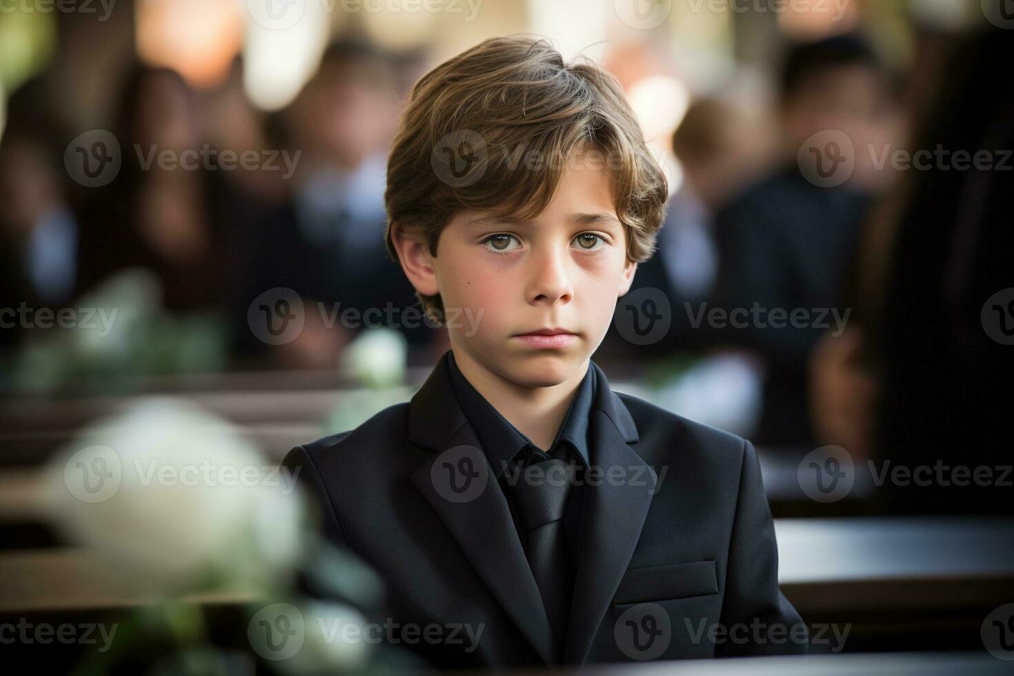 Portrait of a boy in a black suit with a funeral bouquet of flowers AI generated photo