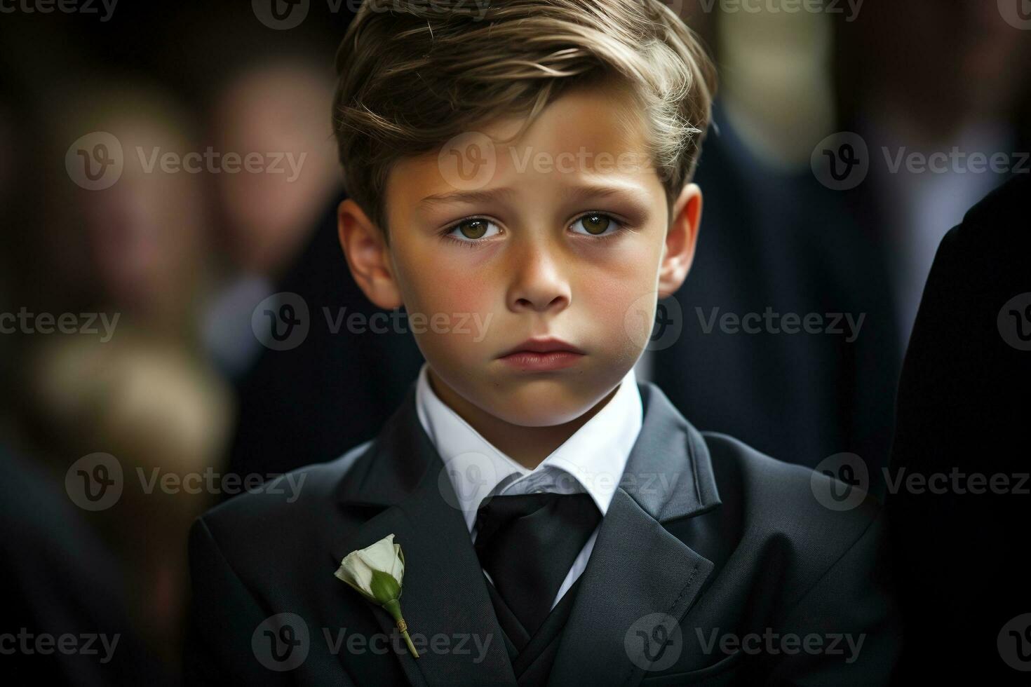 retrato de un chico en un negro traje con un funeral ramo de flores de flores ai generado foto