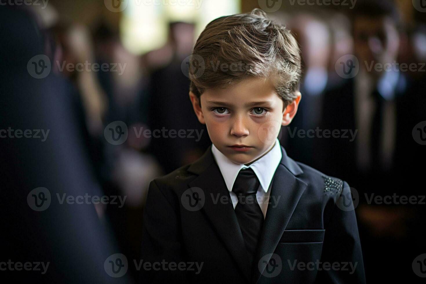 Portrait of a boy in a black suit with a funeral bouquet of flowers AI generated photo