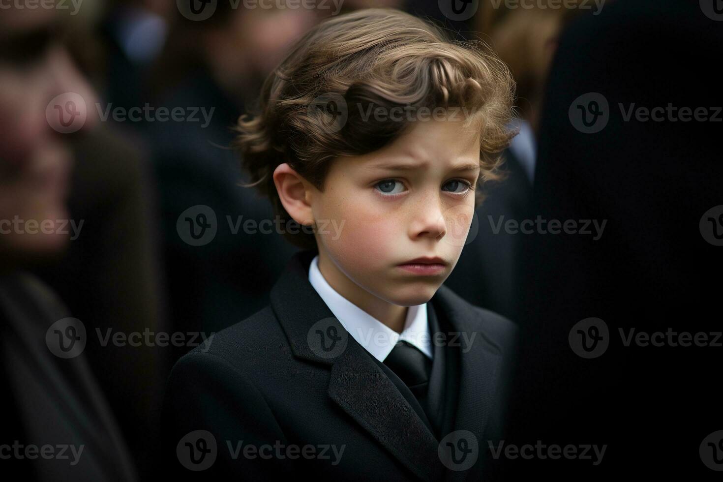 Portrait of a boy in a black suit with a funeral bouquet of flowers AI generated photo