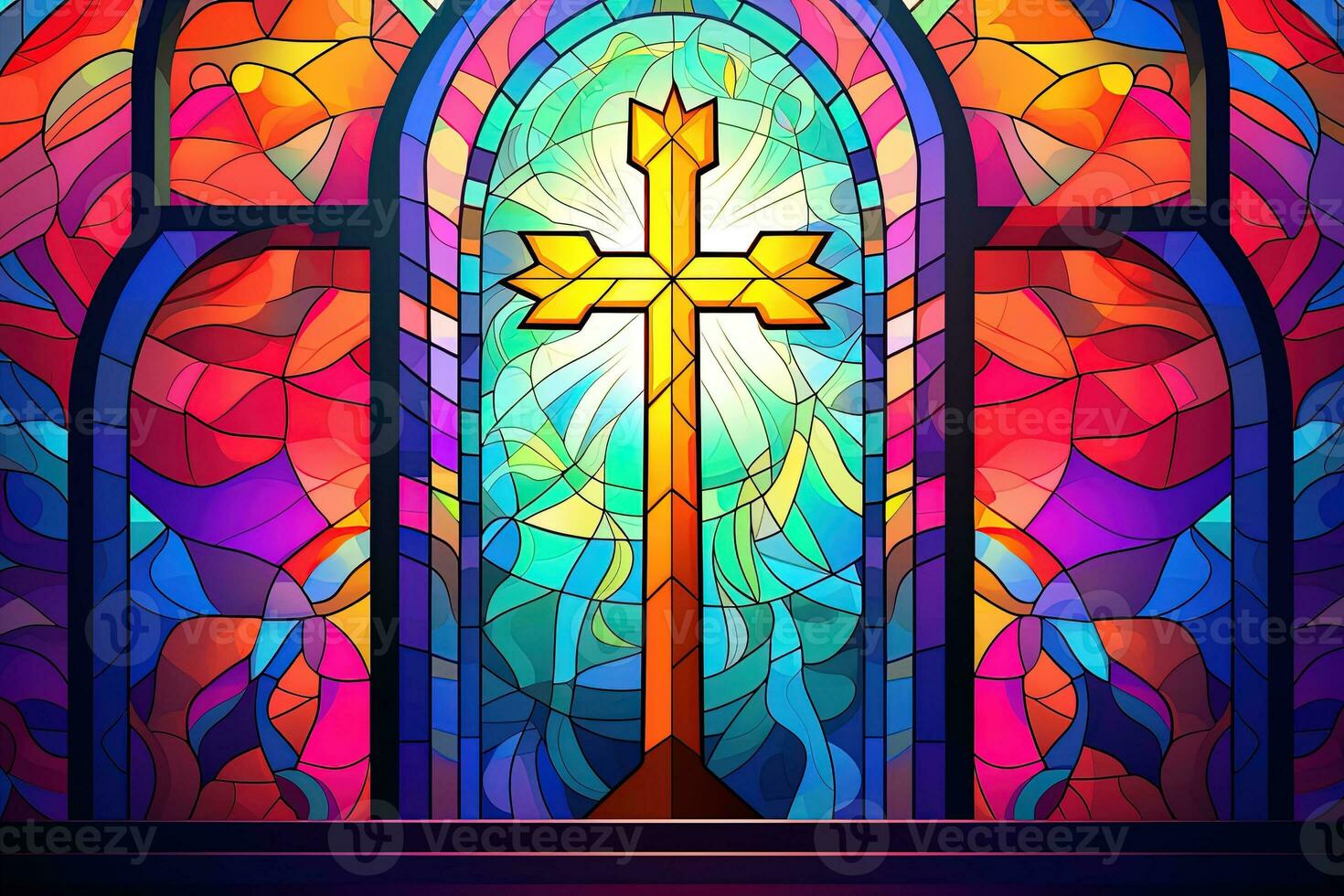 Illustration in stained glass style with cross on the background of the stained glass window AI generated photo