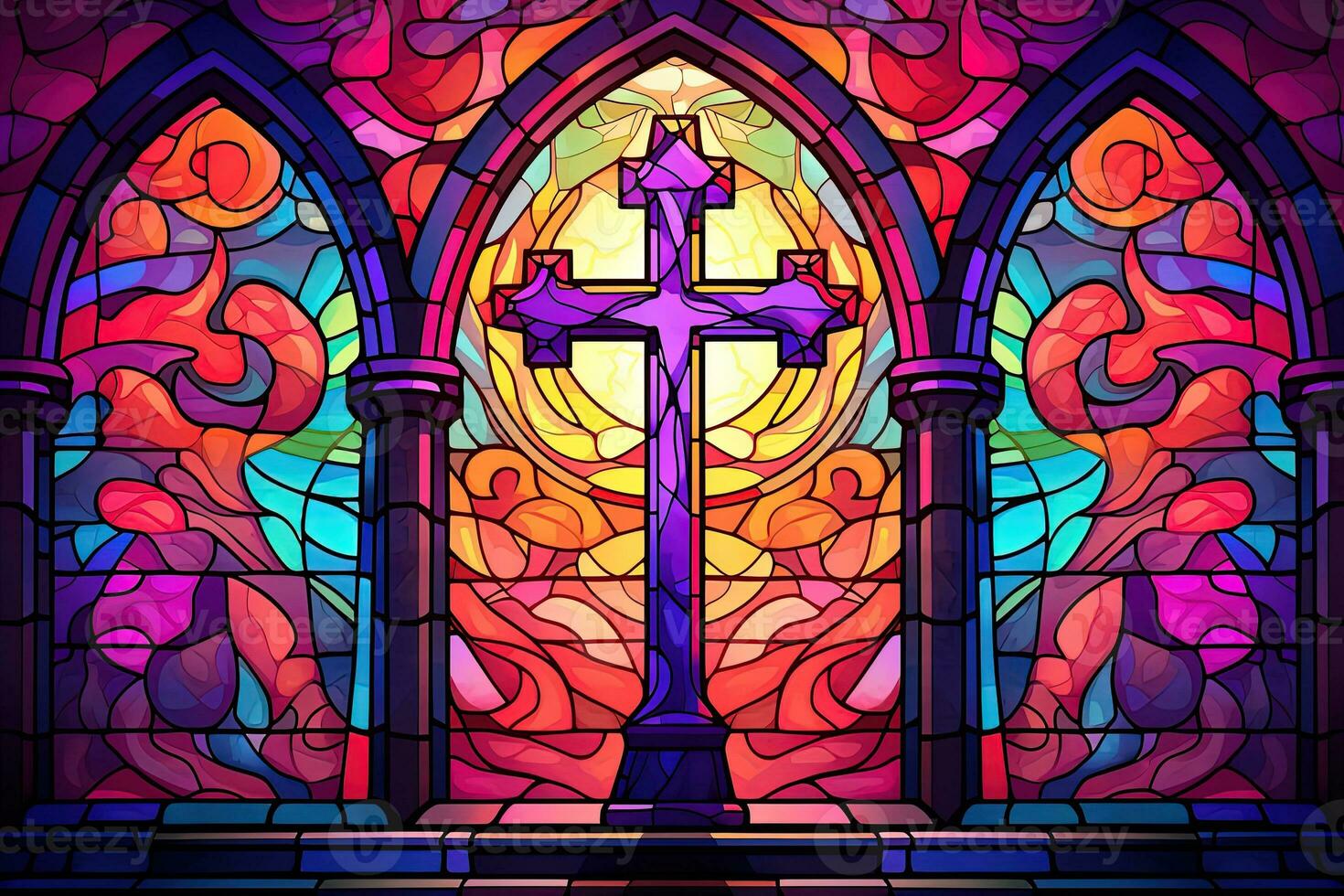 Illustration in stained glass style with cross on the background of the stained glass window AI generated photo