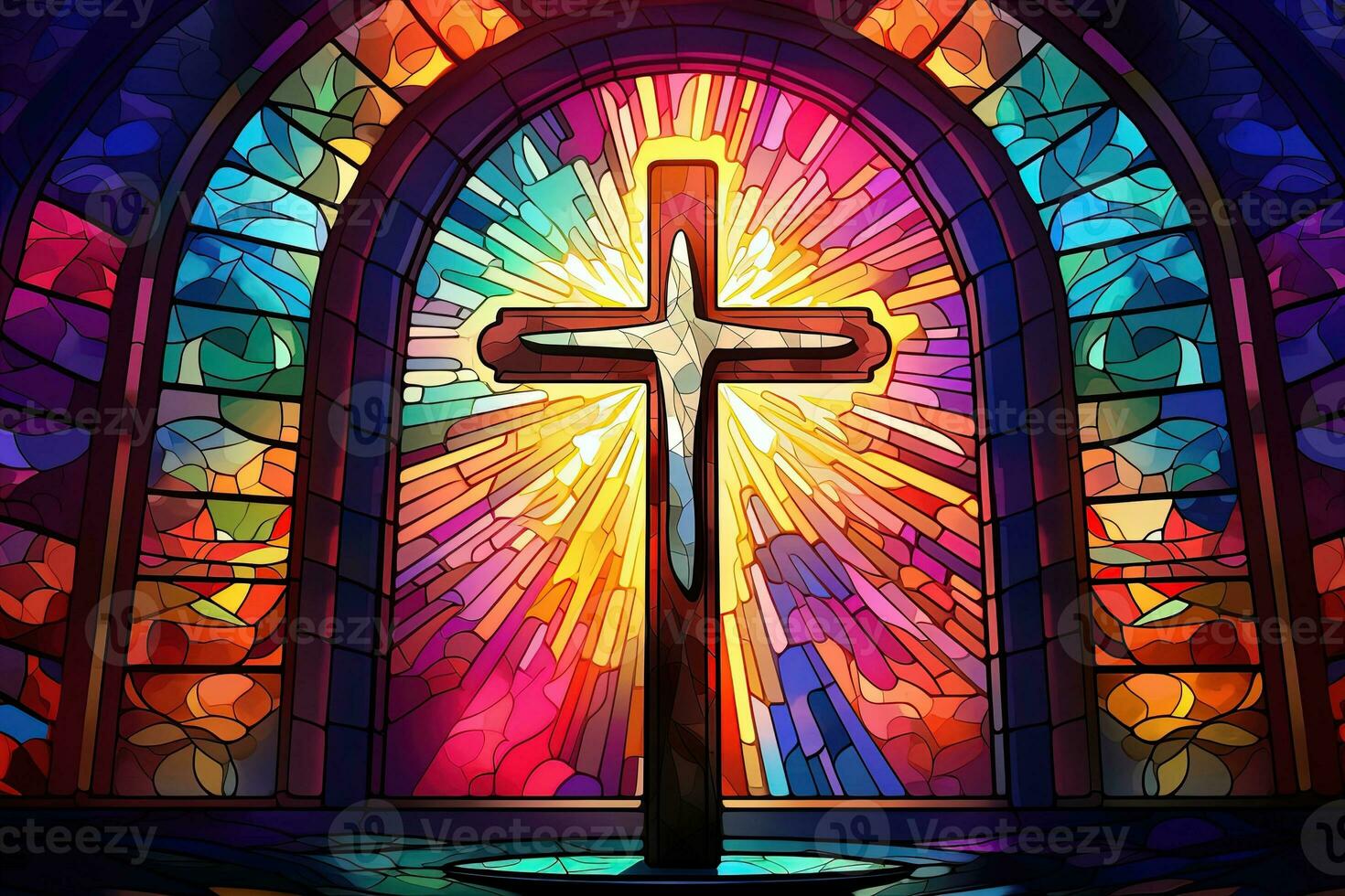 Illustration in stained glass style with cross on the background of the stained glass window AI generated photo