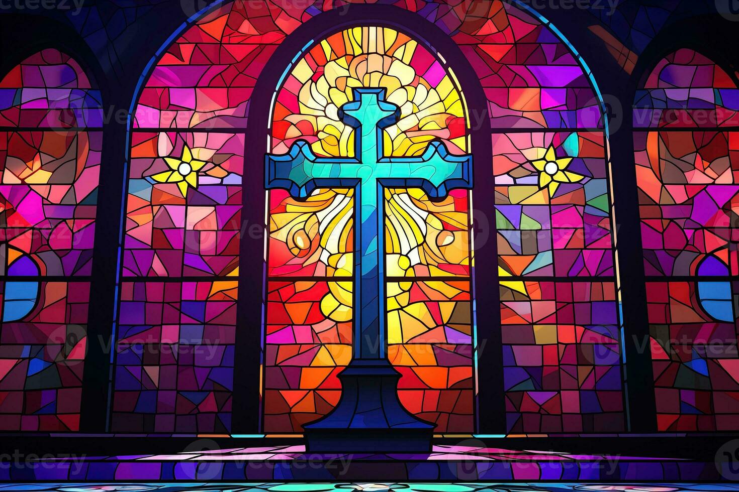 Illustration in stained glass style with cross on the background of the stained glass window AI generated photo