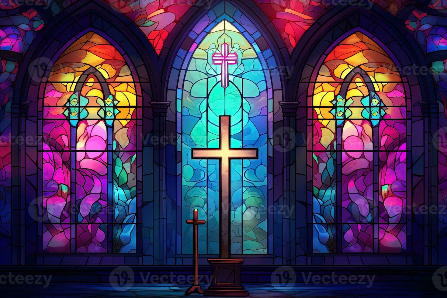 Illustration in stained glass style with cross on the background of the stained glass window AI generated photo