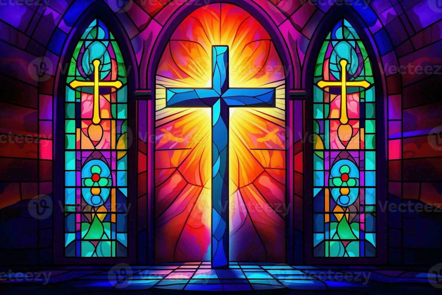 Illustration in stained glass style with cross on the background of the stained glass window AI generated photo