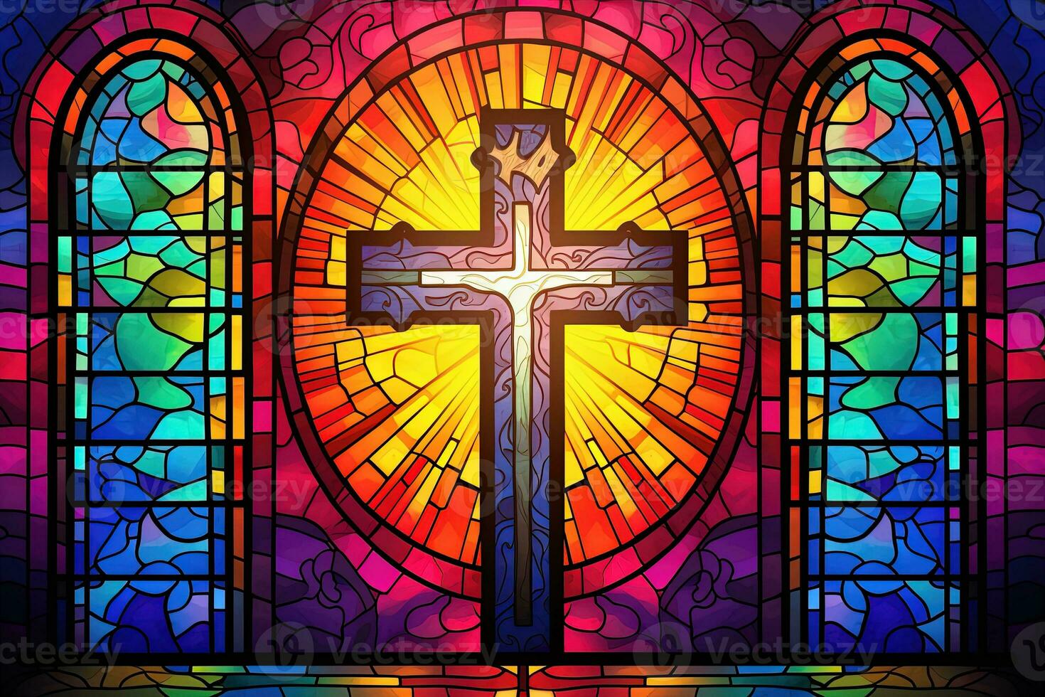 Illustration in stained glass style with cross on the background of the stained glass window AI generated photo