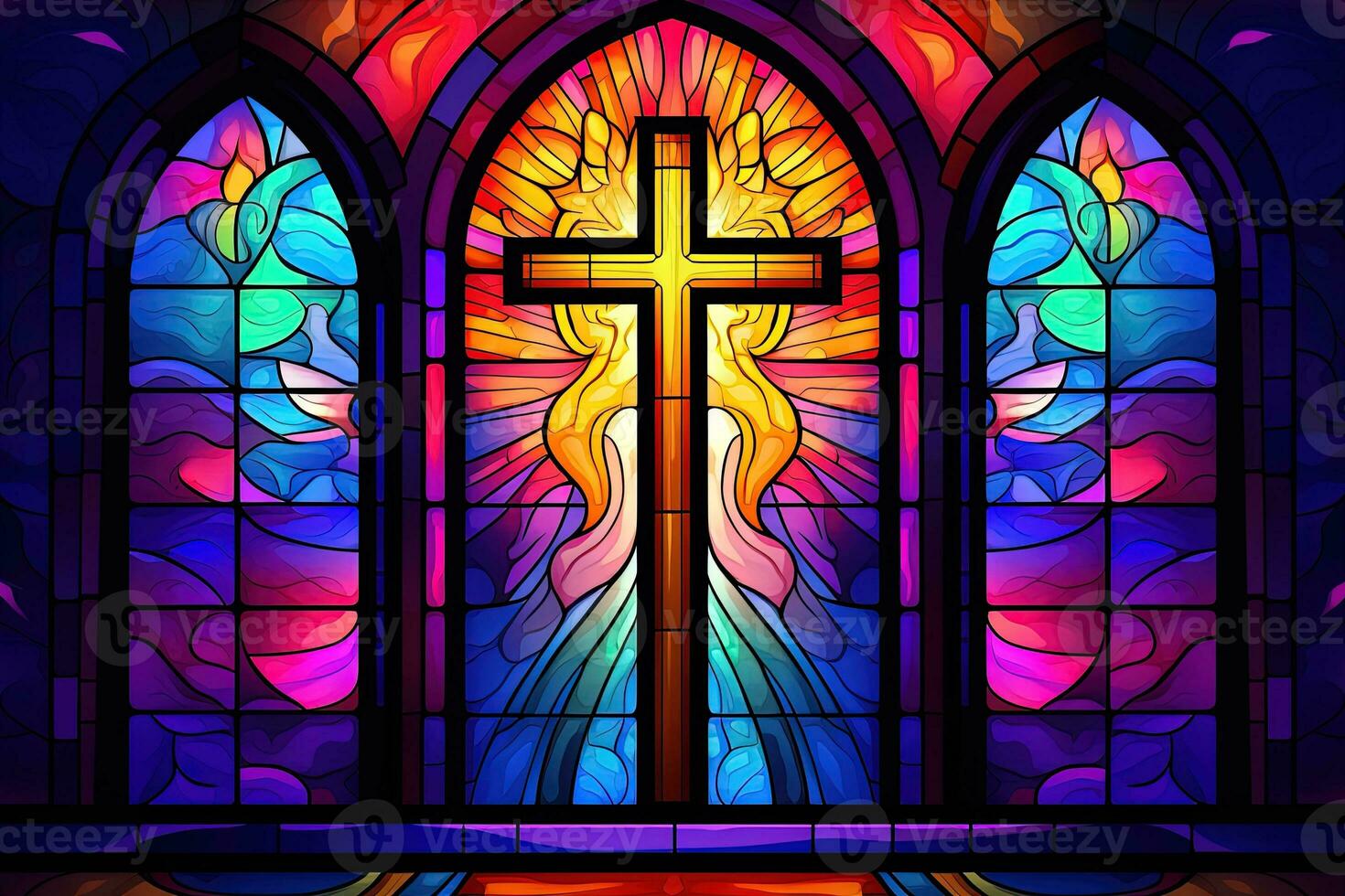 Illustration in stained glass style with cross on the background of the stained glass window AI generated photo