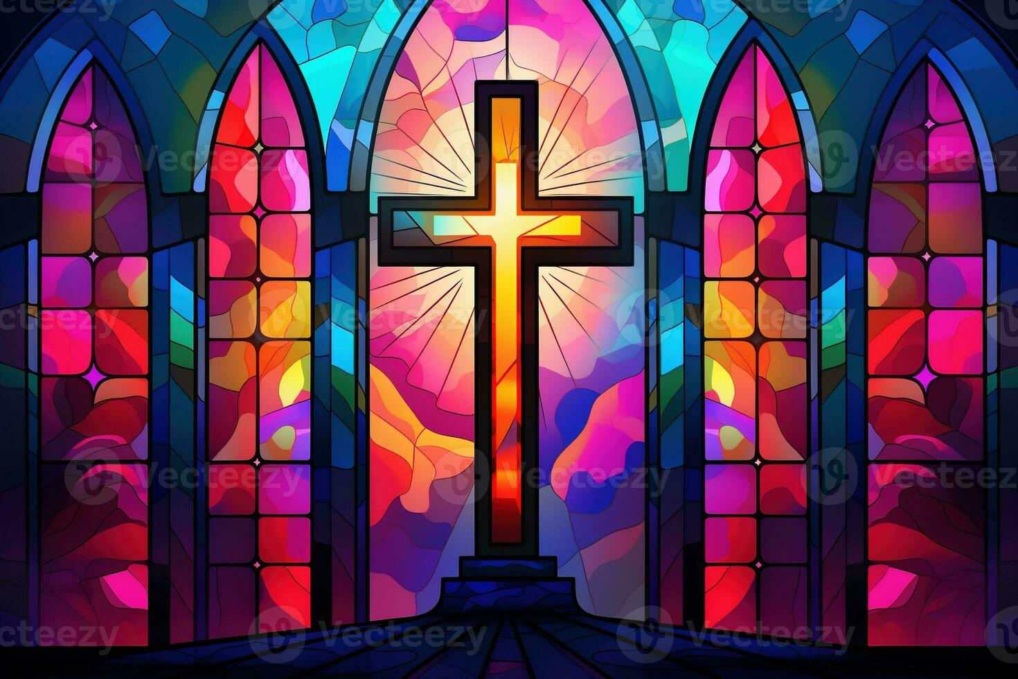 Illustration in stained glass style with cross on the background of the stained glass window AI generated photo