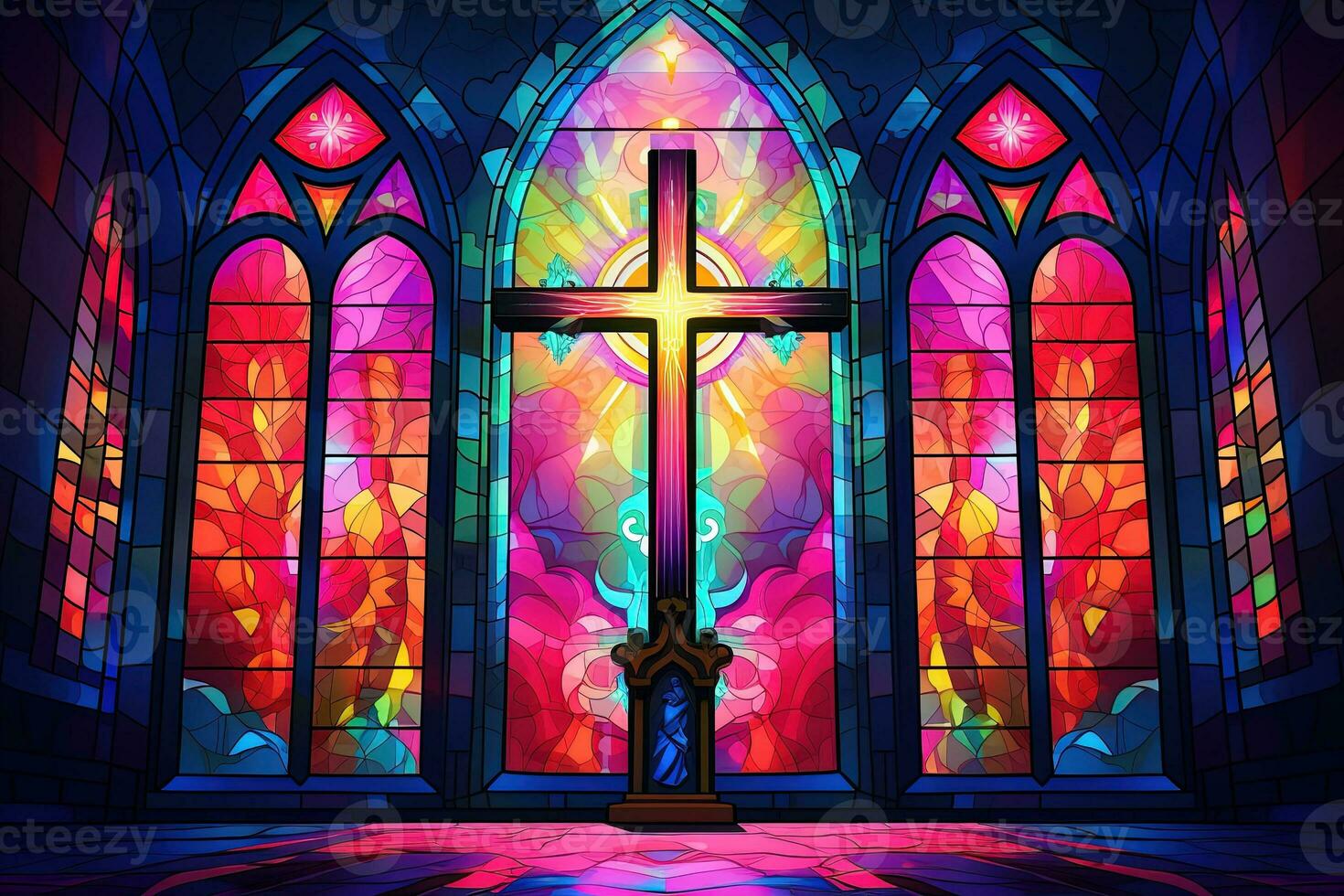 Illustration in stained glass style with cross on the background of the stained glass window AI generated photo