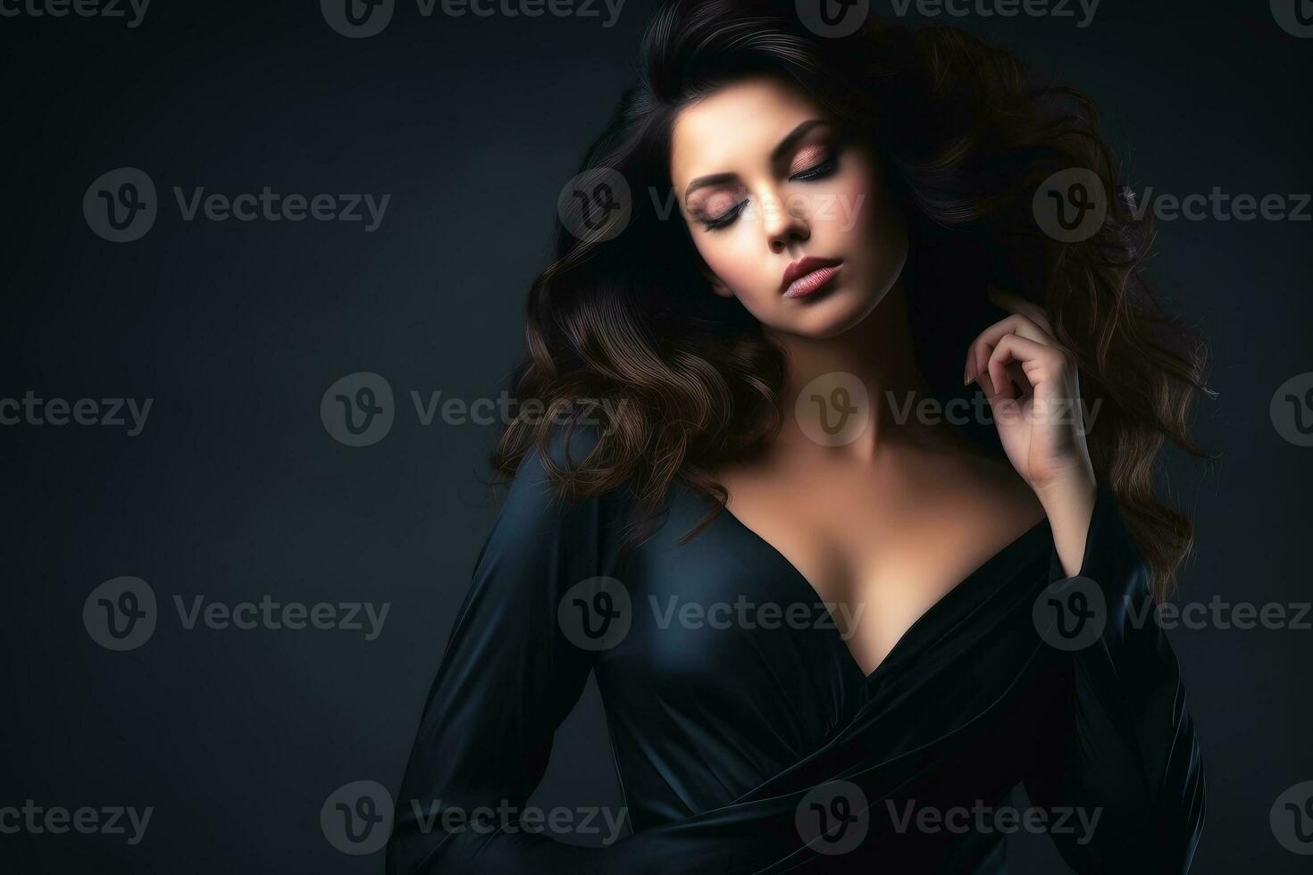un sensual mujer en un apretado seda vestir en un oscuro fondo.ai generativo foto