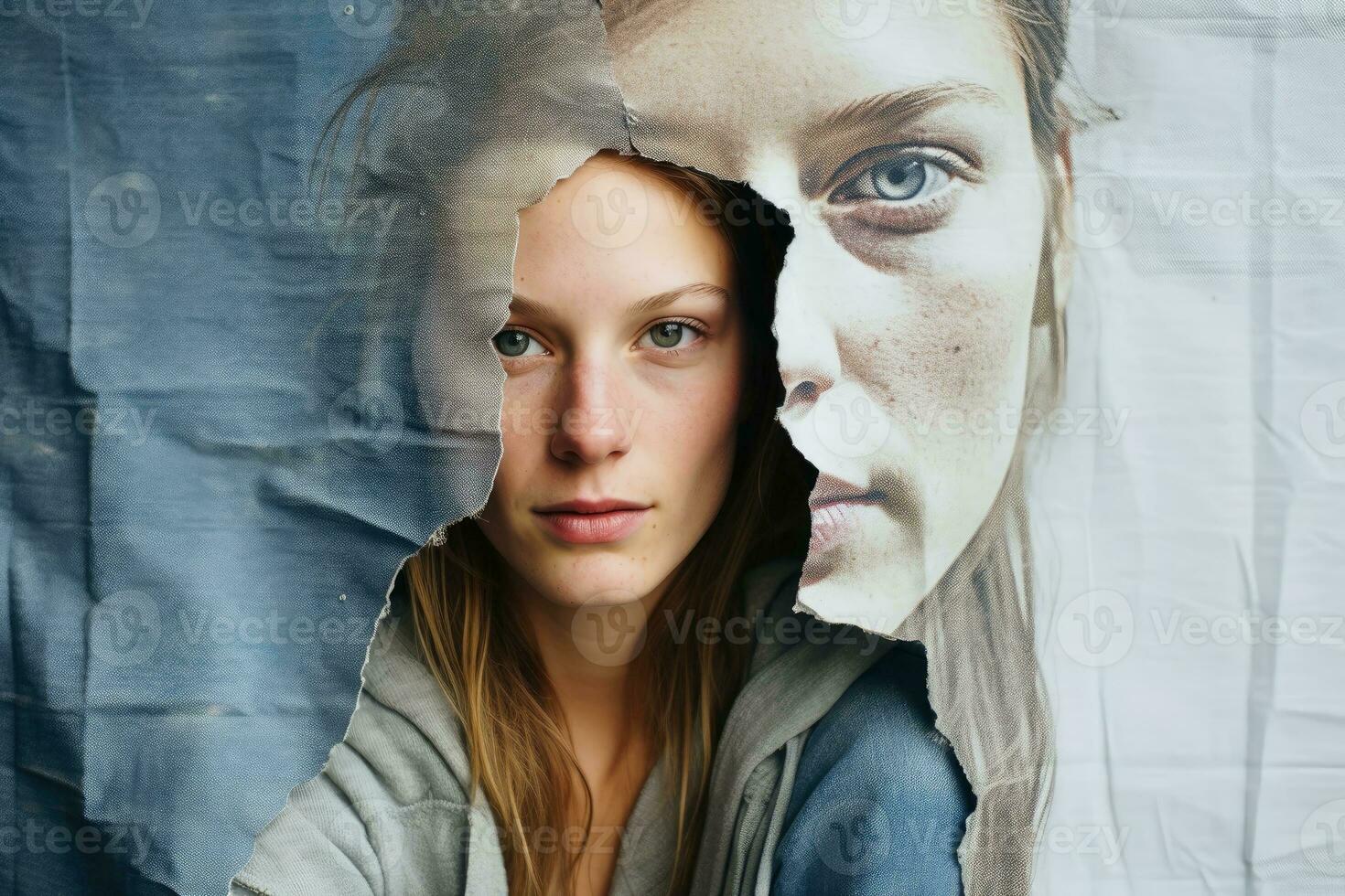 A surreal portrait of a split humans face.AI generative photo