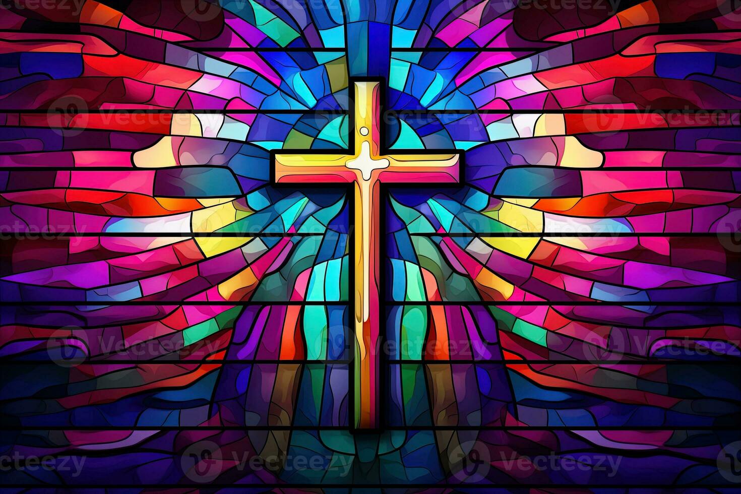 Illustration in stained glass style with cross on the background of the stained glass window AI generated photo