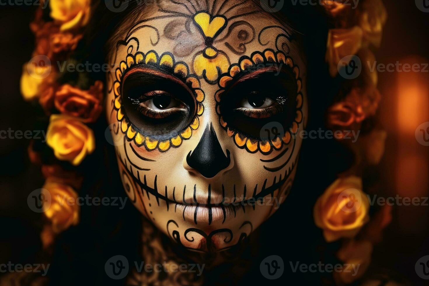 Portrait of a woman with a traditional makeup for the Day of the Dead.AI generative photo