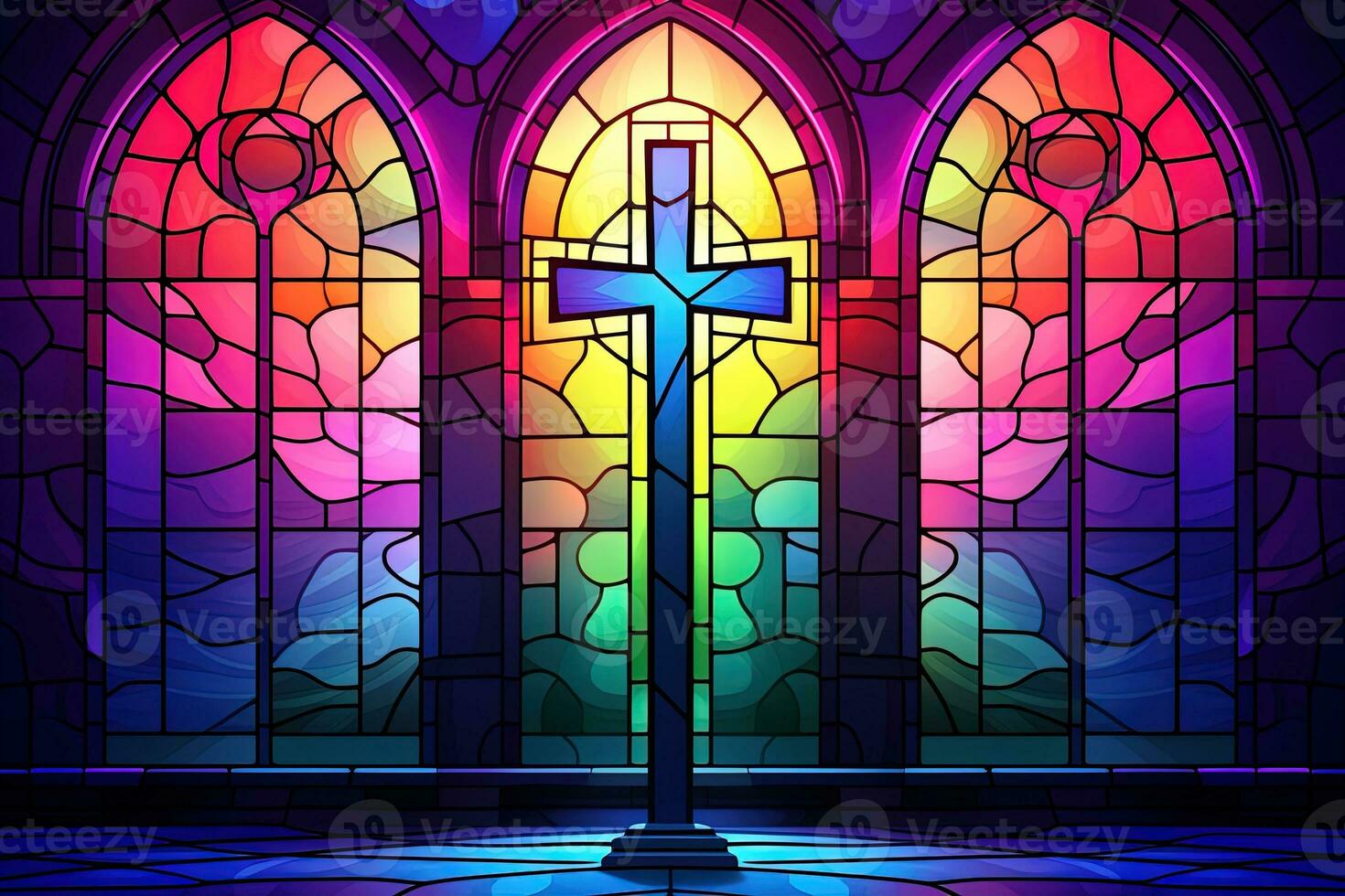 Illustration in stained glass style with cross on the background of the stained glass window AI generated photo