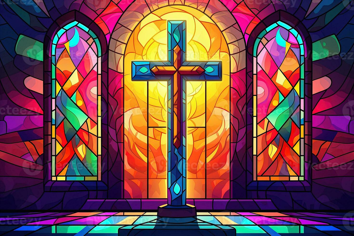 Illustration in stained glass style with cross on the background of the stained glass window AI generated photo