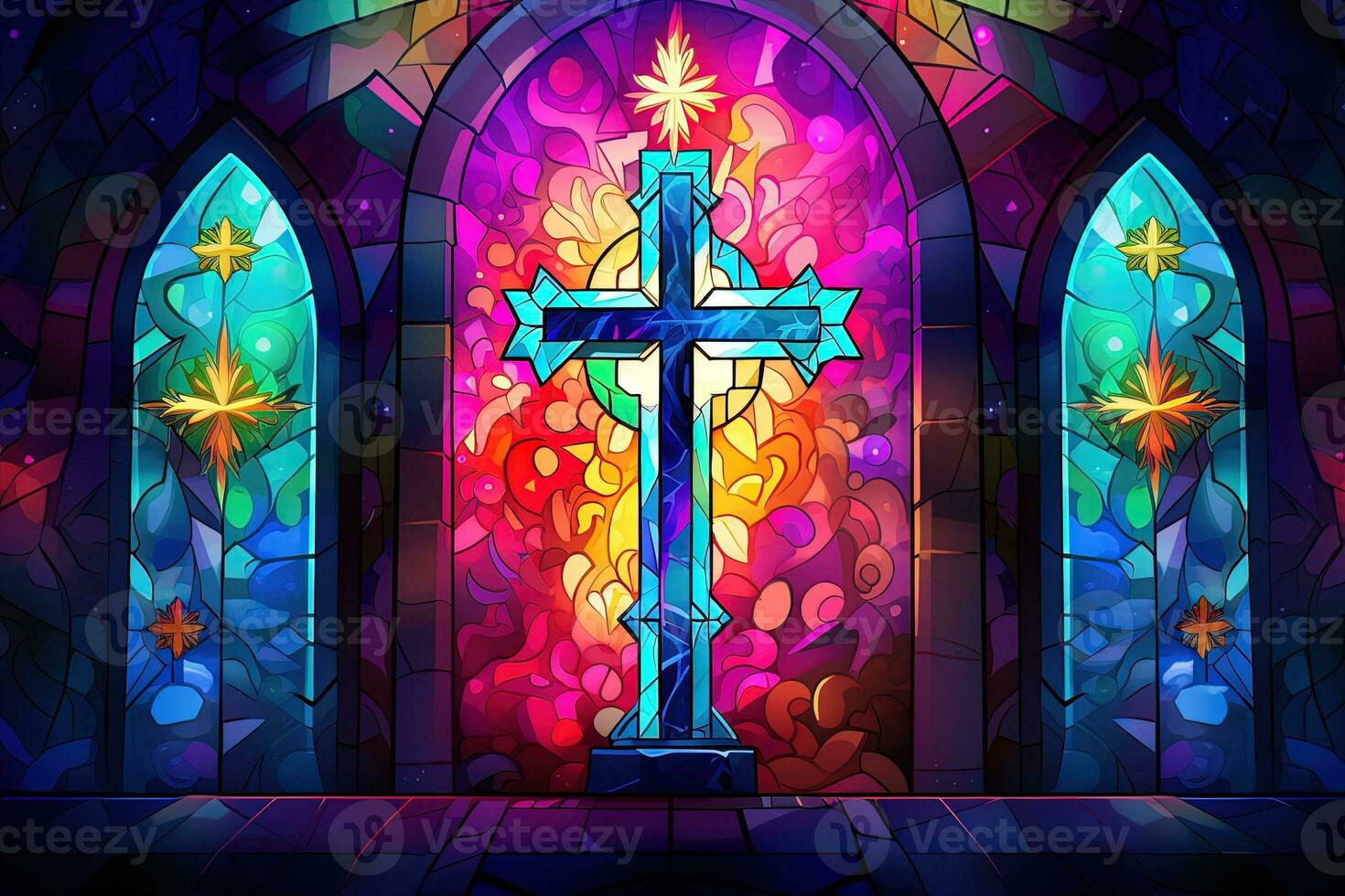 Illustration in stained glass style with cross on the background of the stained glass window AI generated photo