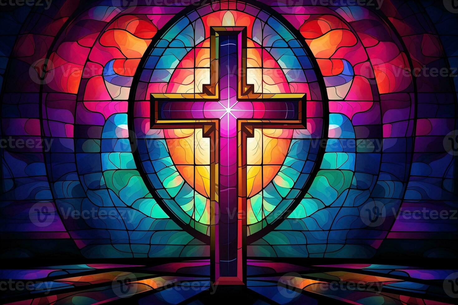 Illustration in stained glass style with cross on the background of the stained glass window AI generated photo