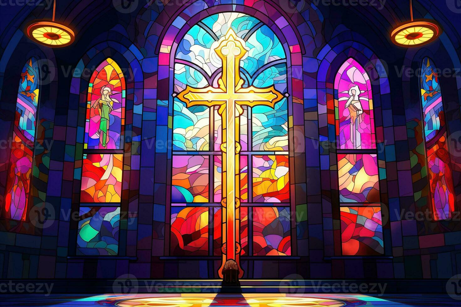 Illustration in stained glass style with cross on the background of the stained glass window AI generated photo