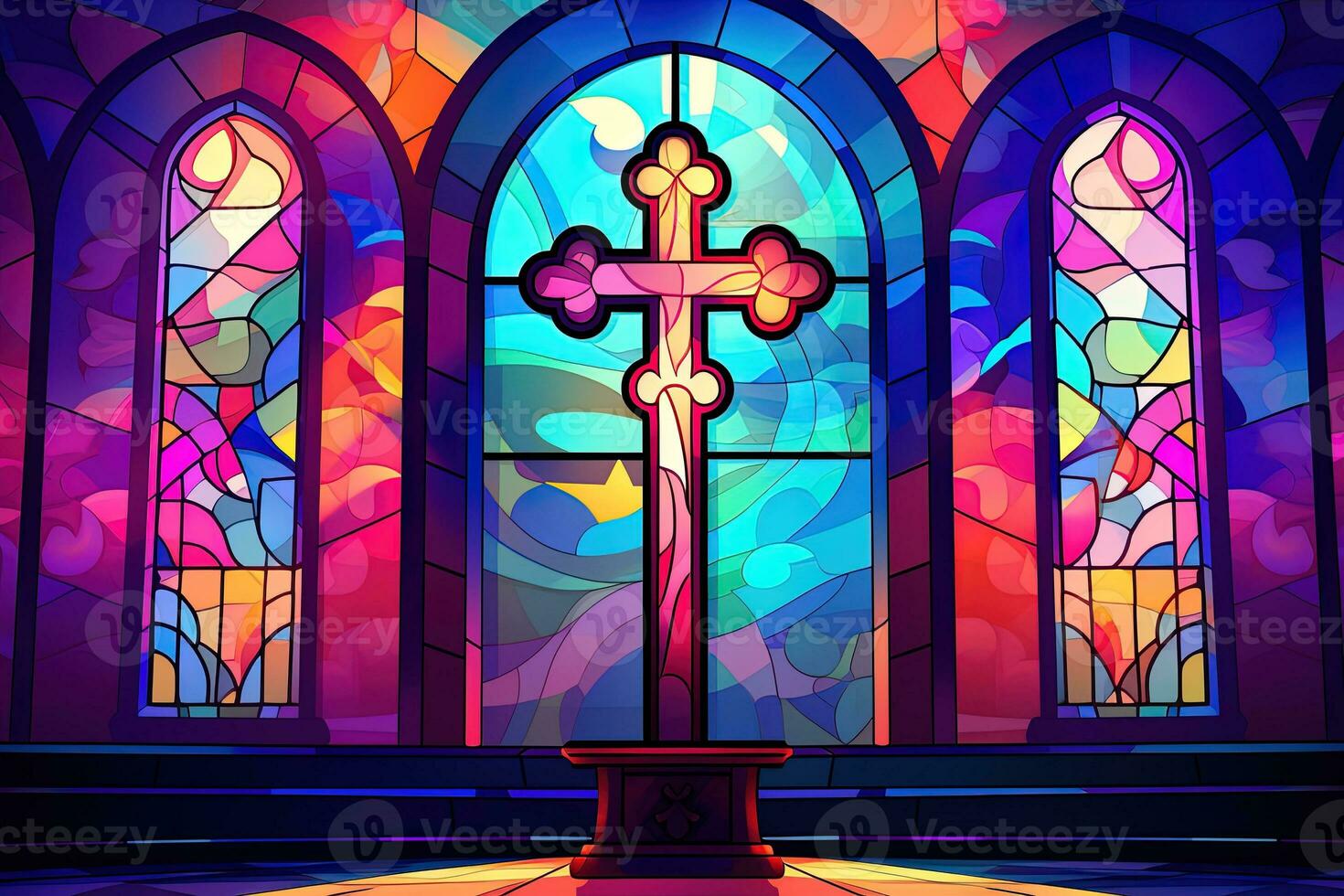 Illustration in stained glass style with cross on the background of the stained glass window AI generated photo