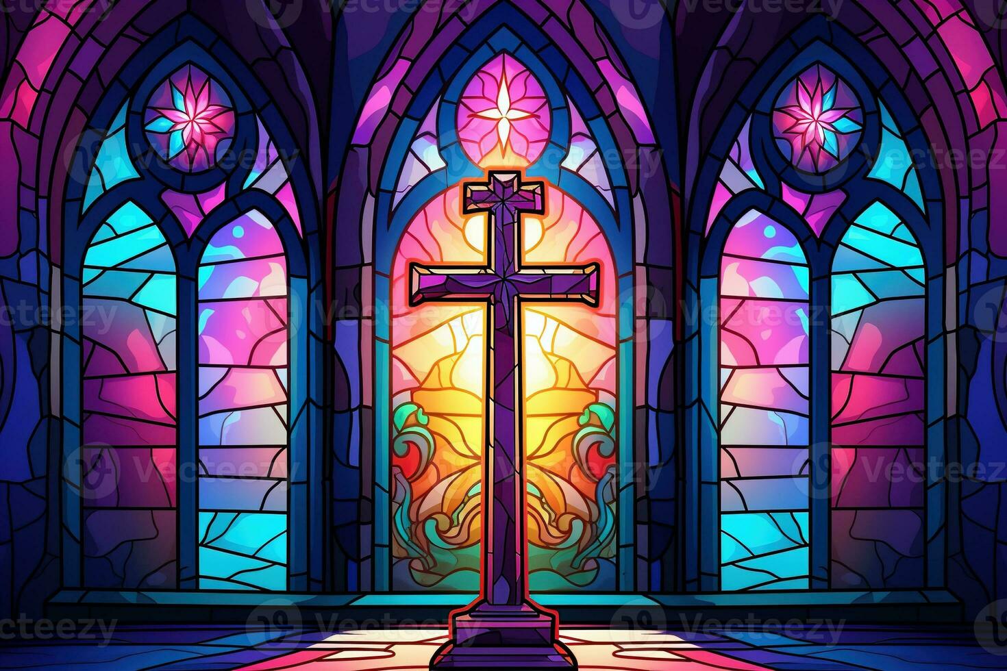 Illustration in stained glass style with cross on the background of the stained glass window AI Generated photo