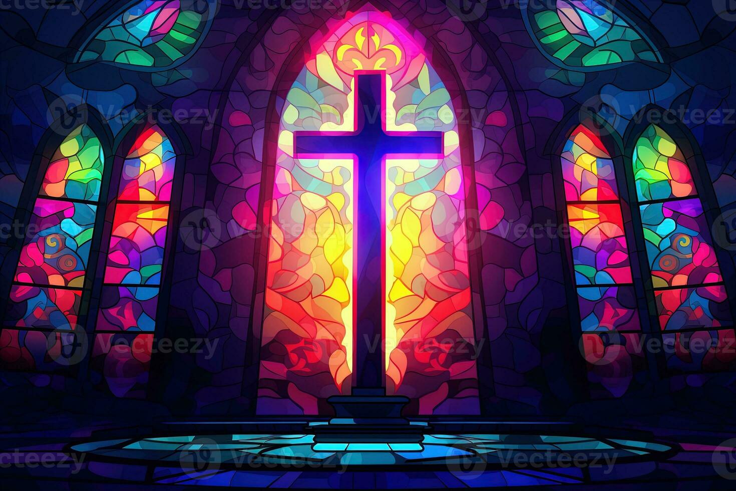 Illustration in stained glass style with cross on the background of the stained glass window AI Generated photo
