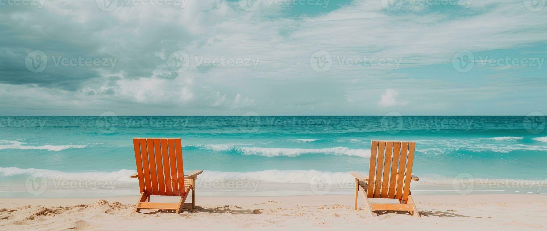 Beach chairs on tropical sandy beach with turquoise ocean water AI generated photo