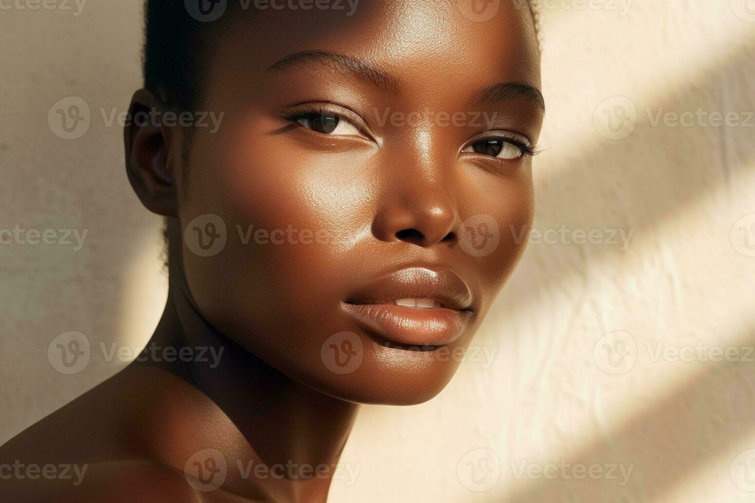 Portrait of a Beautiful african american woman with dark skin and natural make-up AI generated photo