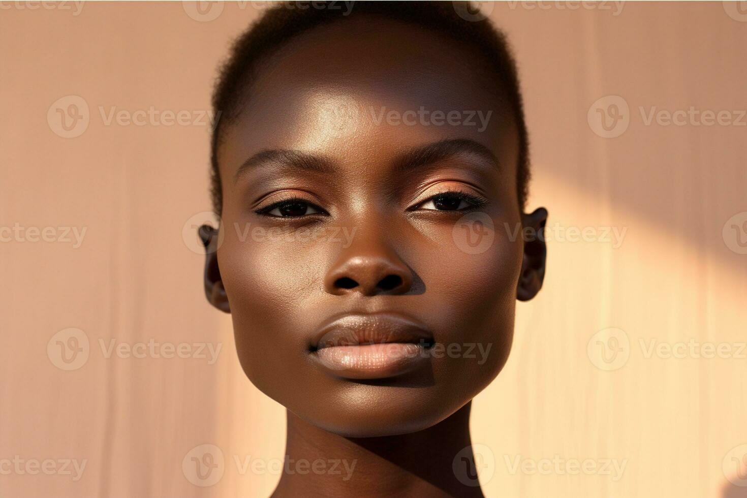 Portrait of a Beautiful african american woman with dark skin and natural make-up AI generated photo