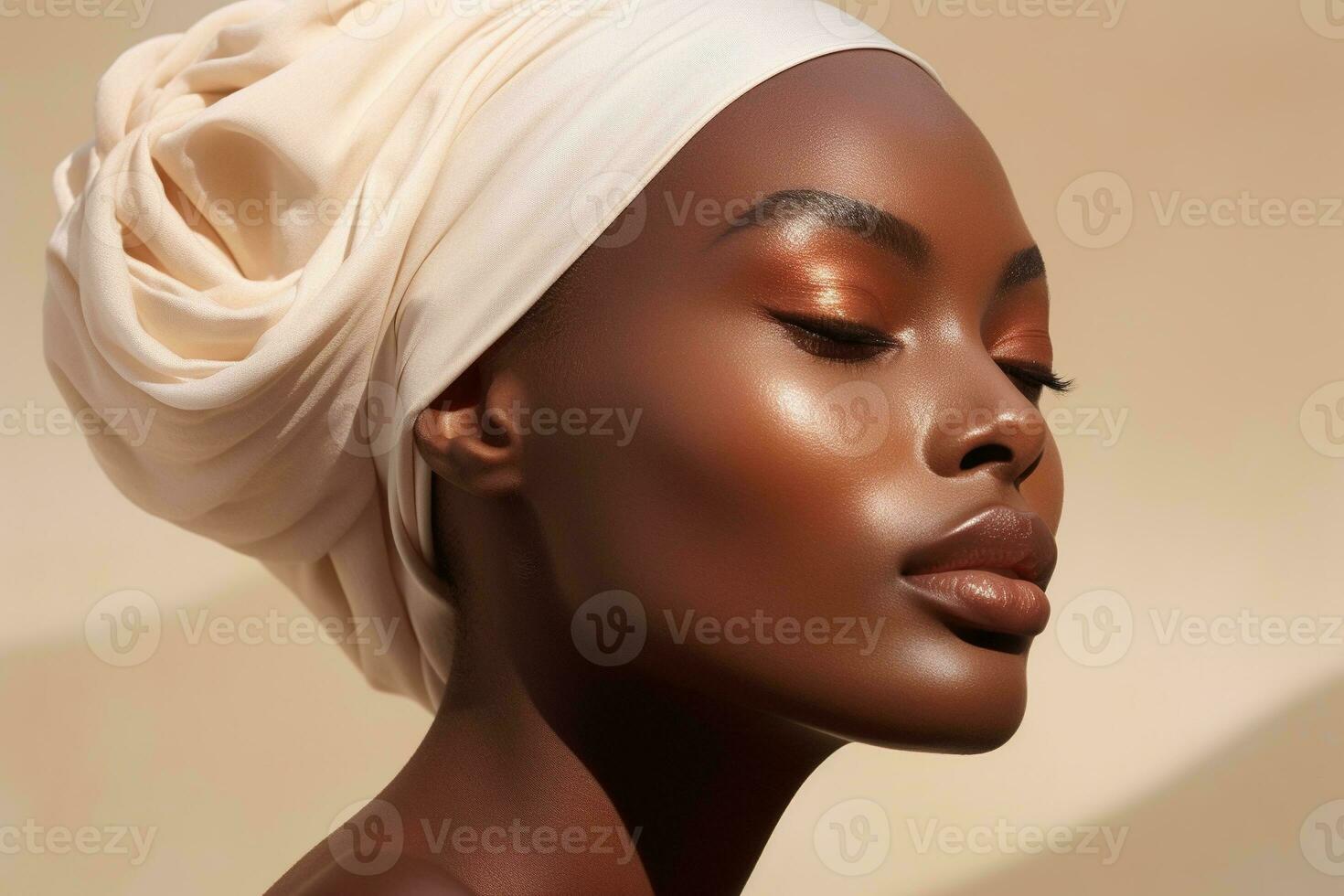 Portrait of a Beautiful african american woman with dark skin and natural make-up AI generated photo