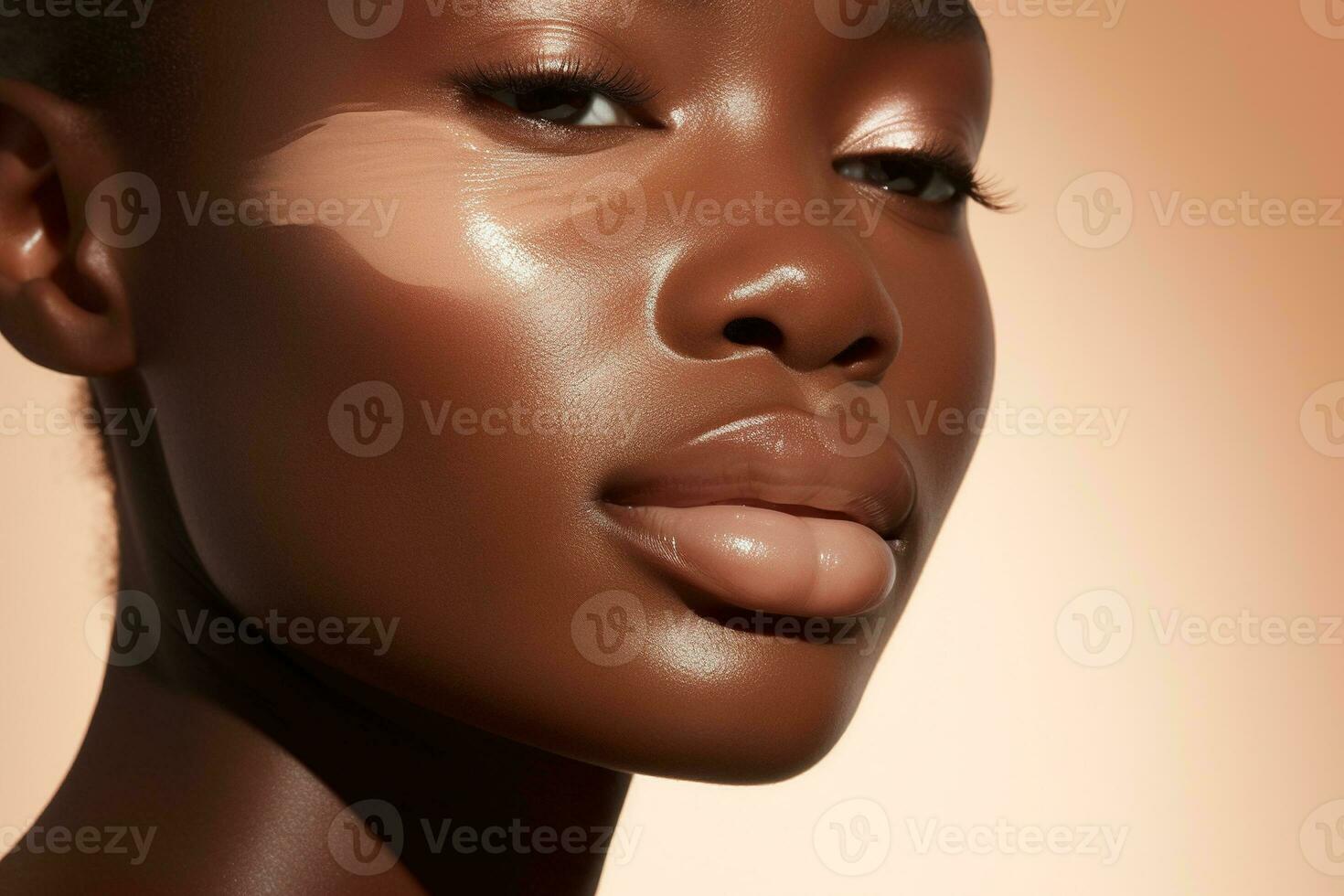 retrato de un hermosa africano americano mujer con oscuro piel y natural maquillaje ai generado foto