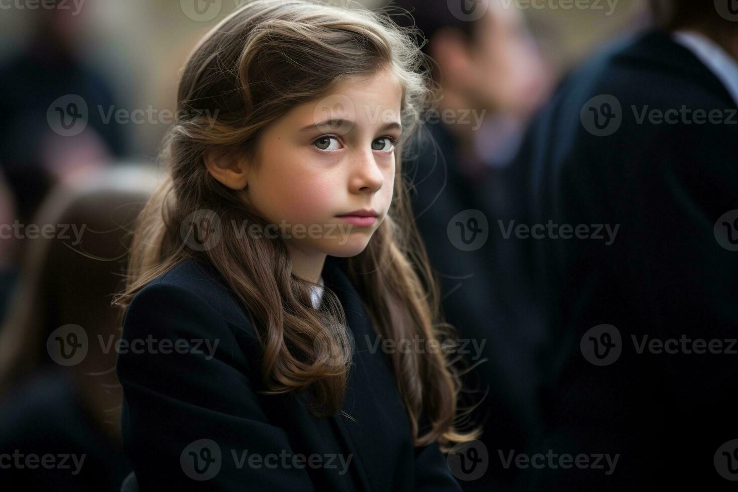 Portrait of a sad little girl on the background of the crowd.Funeral concept AI generated photo