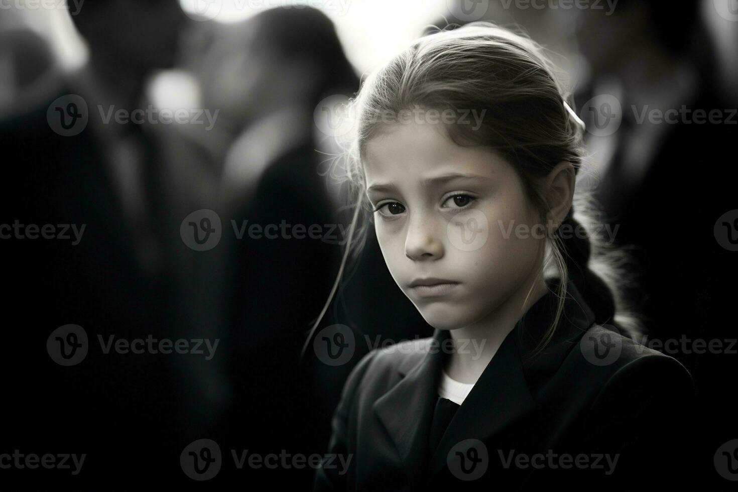 Portrait of a sad little girl on the background of the crowd.Funeral concept AI generated photo