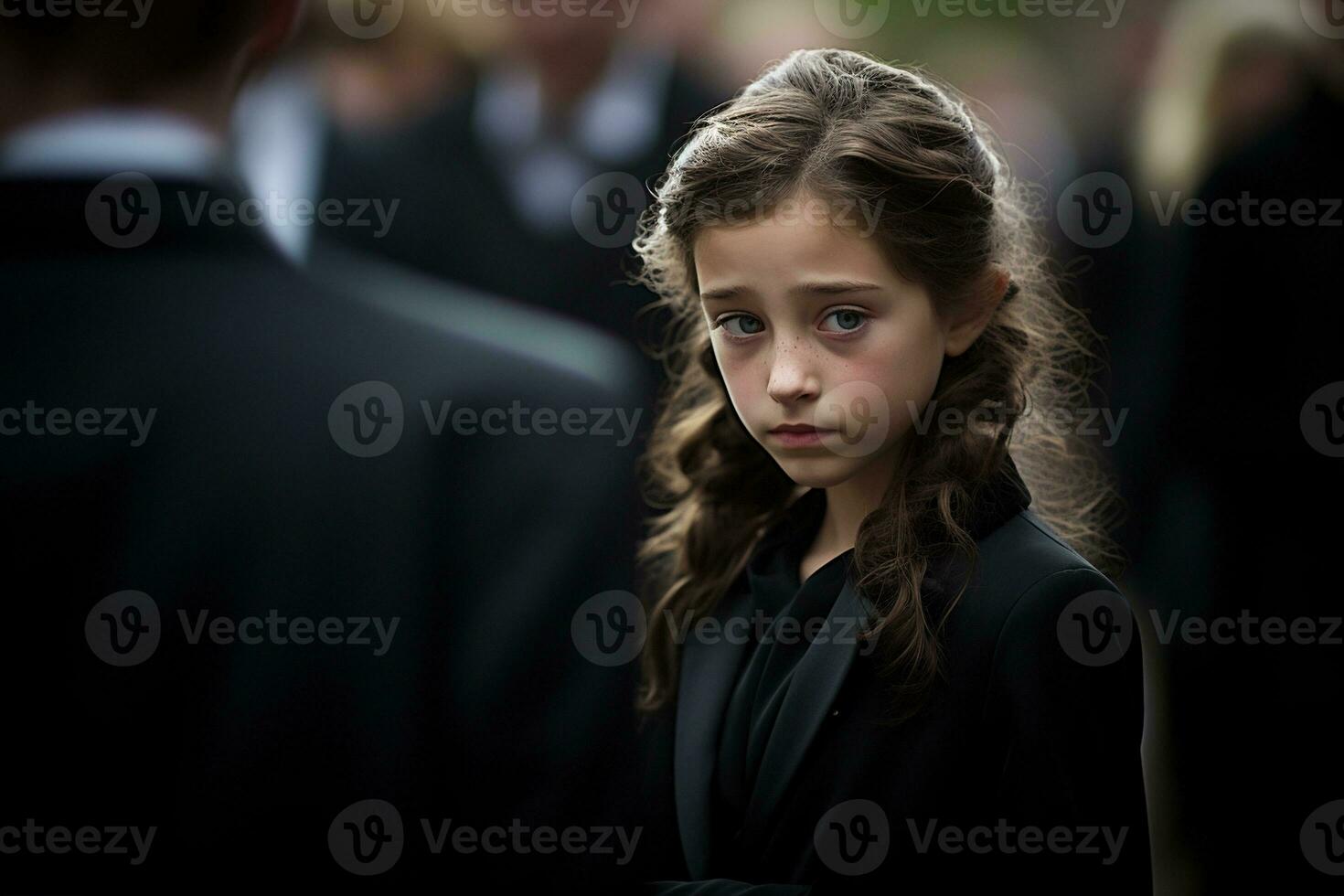 Portrait of a sad little girl on the background of the crowd.Funeral concept AI generated photo