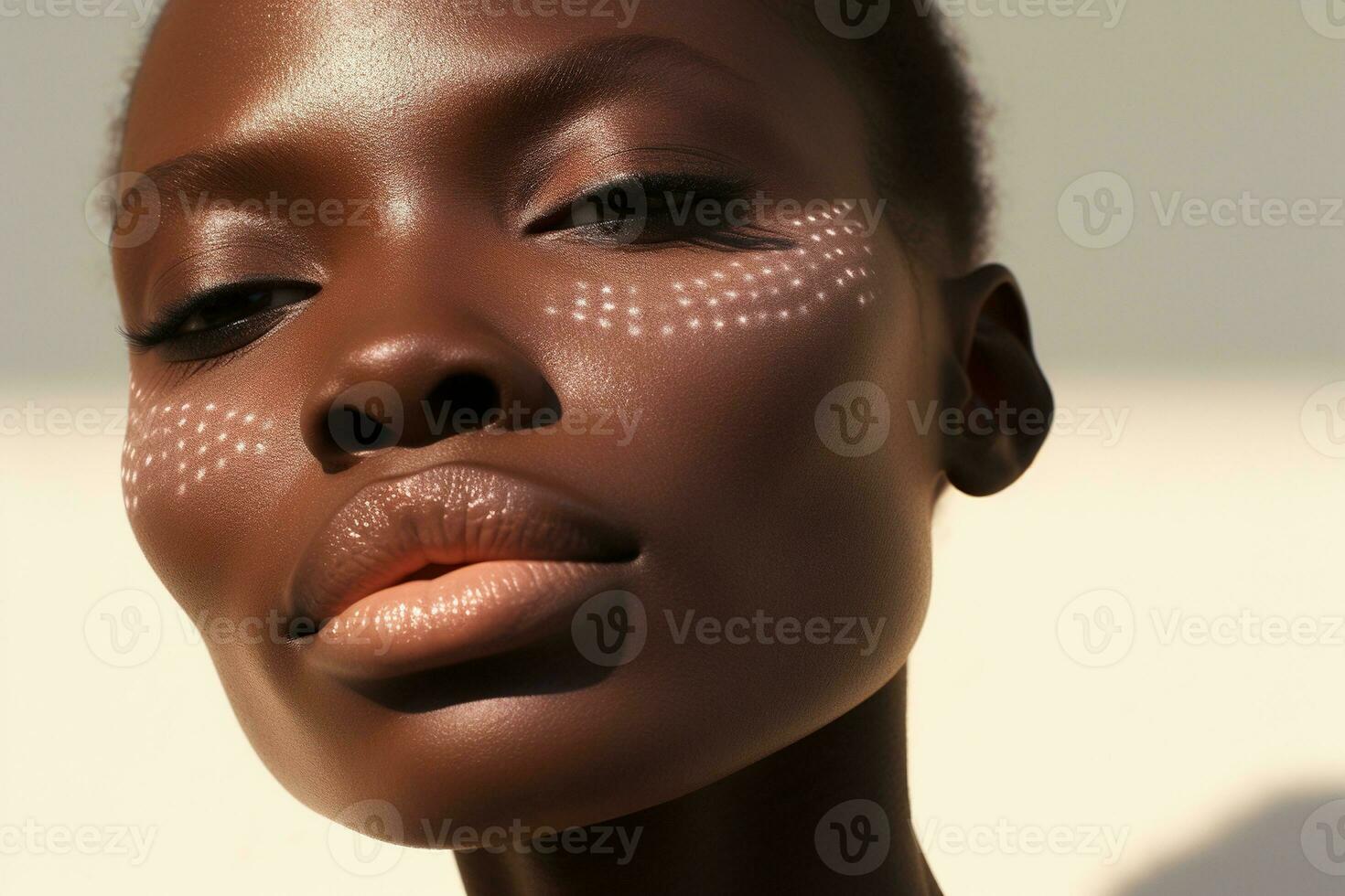 retrato de un hermosa africano americano mujer con oscuro piel y natural maquillaje ai generado foto