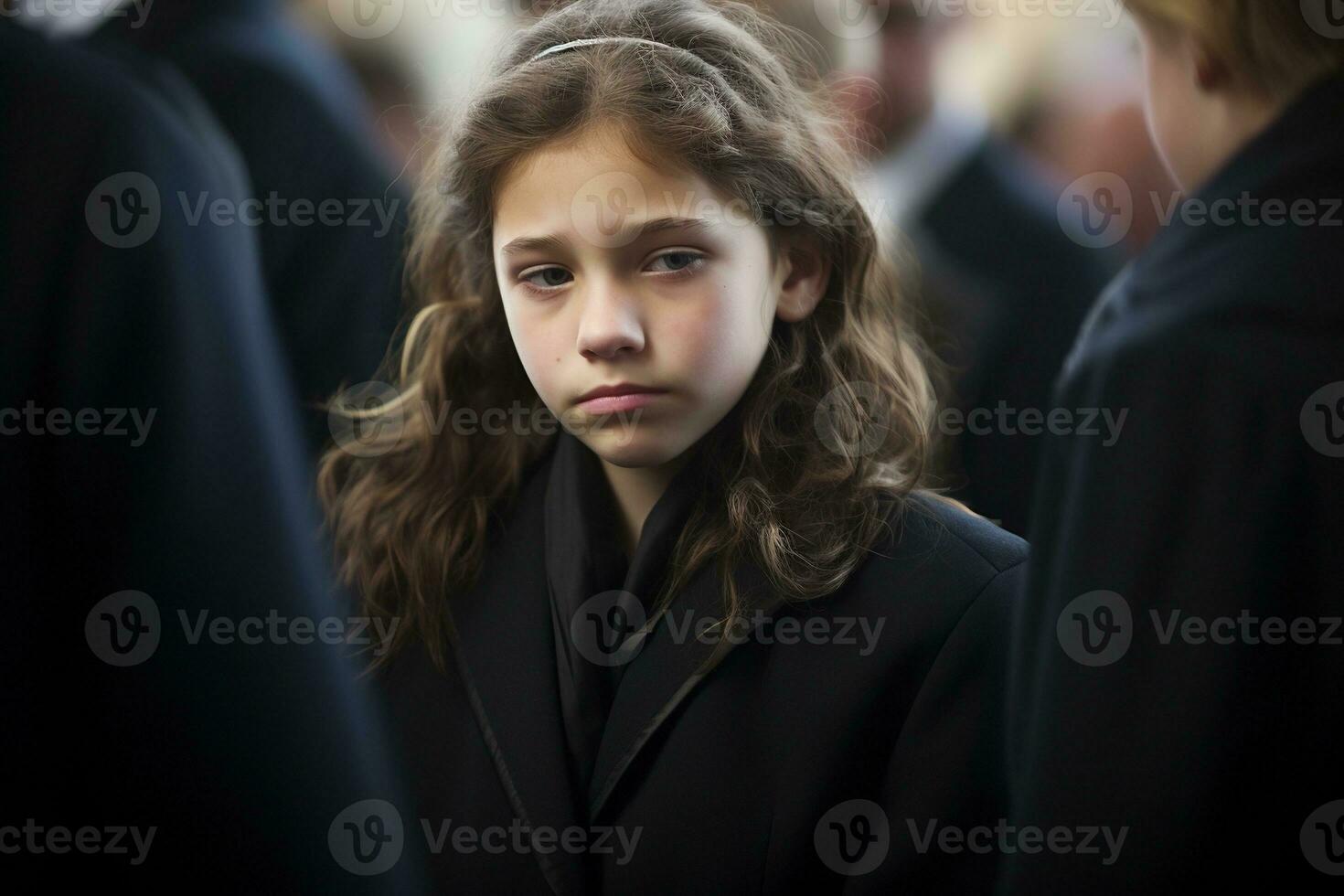 Portrait of a sad little girl on the background of the crowd.Funeral concept AI generated photo