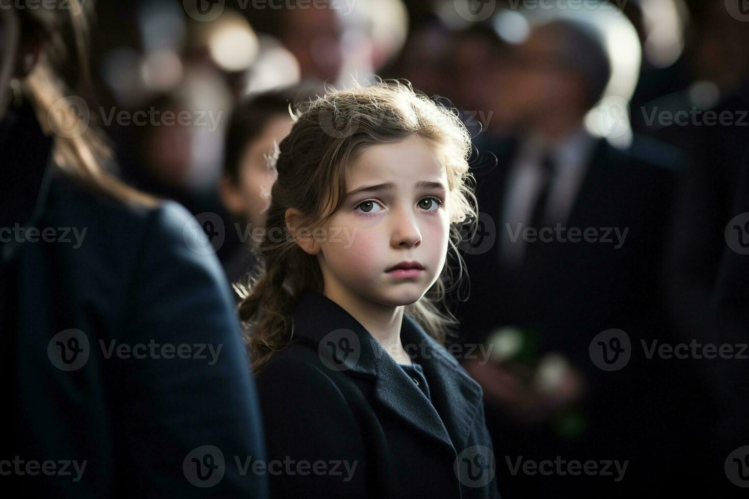 Portrait of a sad little girl on the background of the crowd.Funeral concept AI generated photo